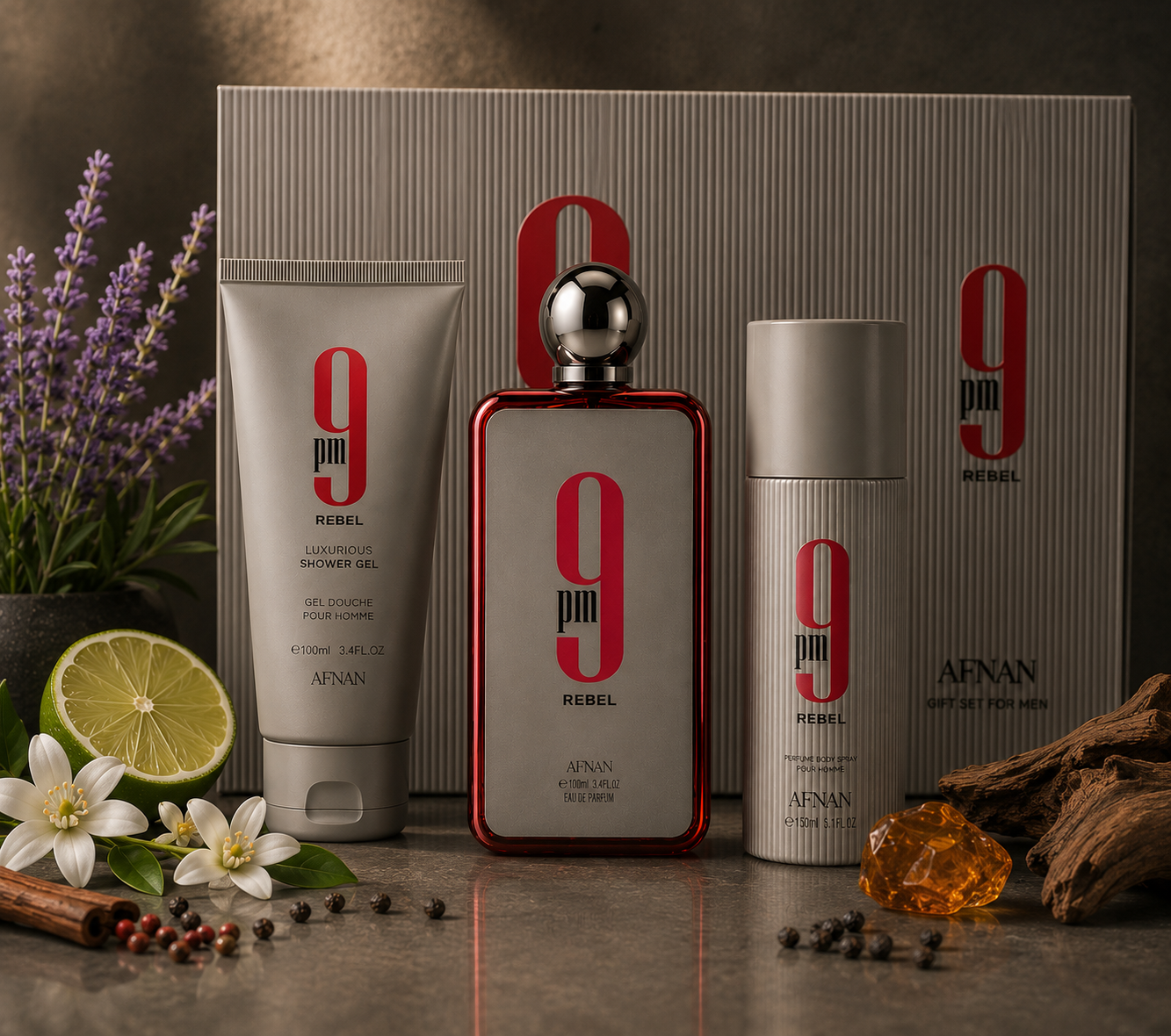 Afnan 9 PM Rebel Gift Set – Eau de Parfum 100ml, Perfume Spray & Shower Gel